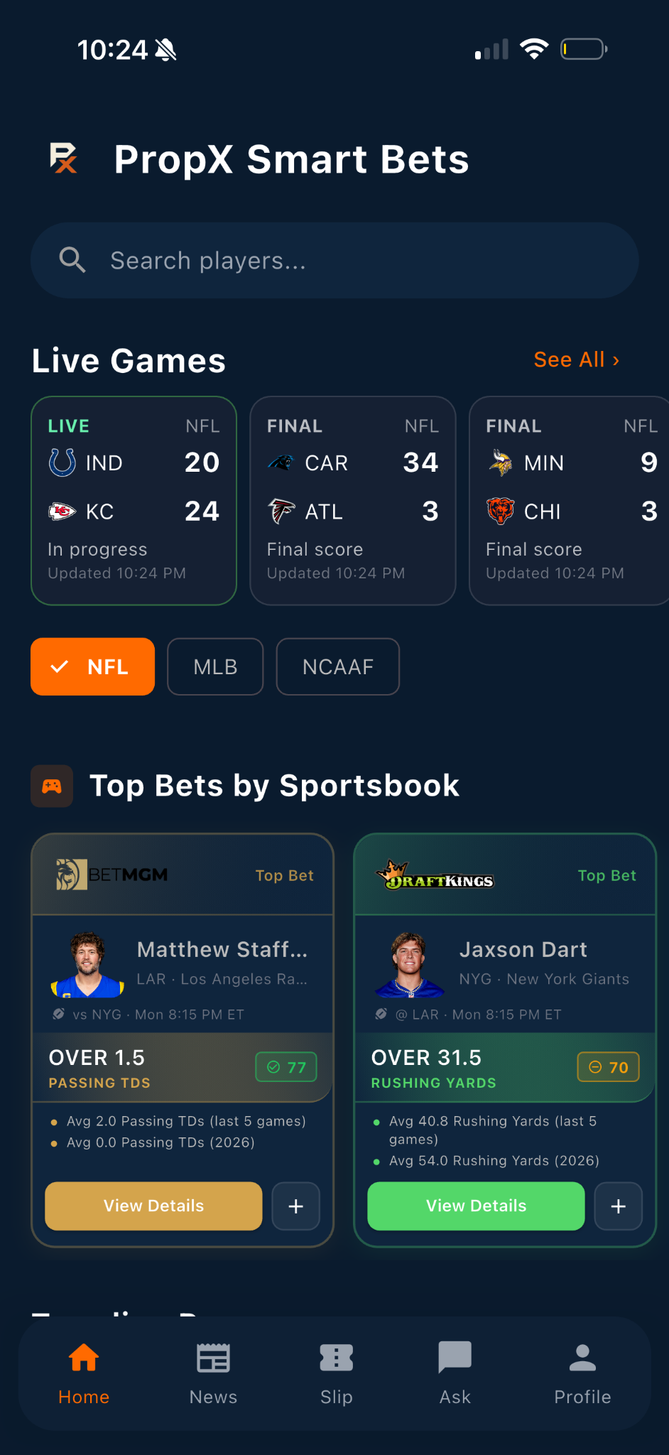 Actual PropX app screenshot: Smart Bets